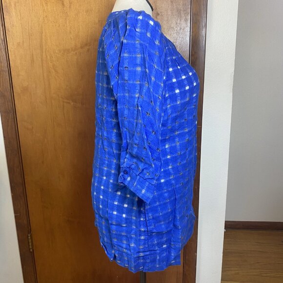 EUC Chico's 3 (XL) Linen Blend Squares Transparent Button-Up Blouse - Picture 4 of 7